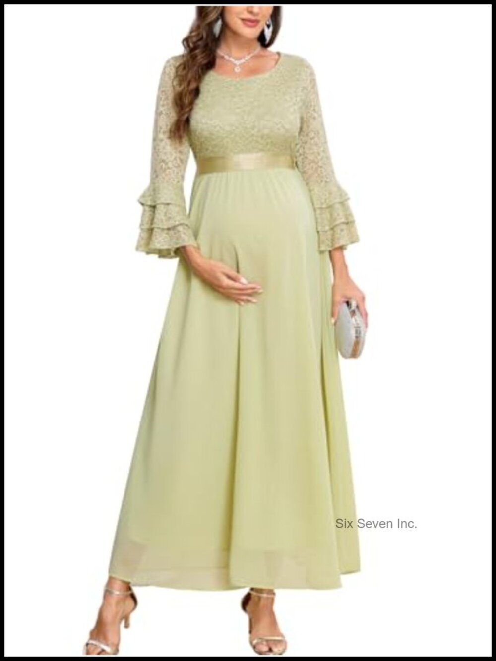 Lace Chiffon Maxi Dress Ruffle Bell Sleeves Maternity Gown Baby Shower